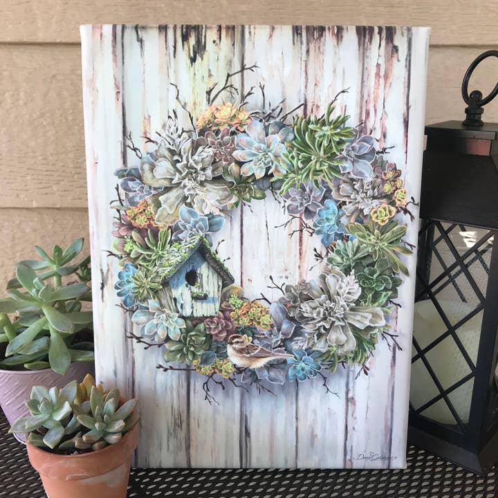 Succulent Wreath Canvas Wall Art for wholesale by Glow Decor
