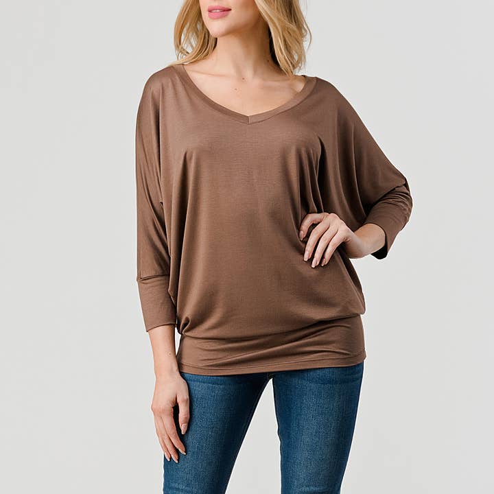 Heimious - Wholesale Knit Top - Women's - 3/4 Dolman Sleeve V-neck Modal Jersey Top, 2573106
