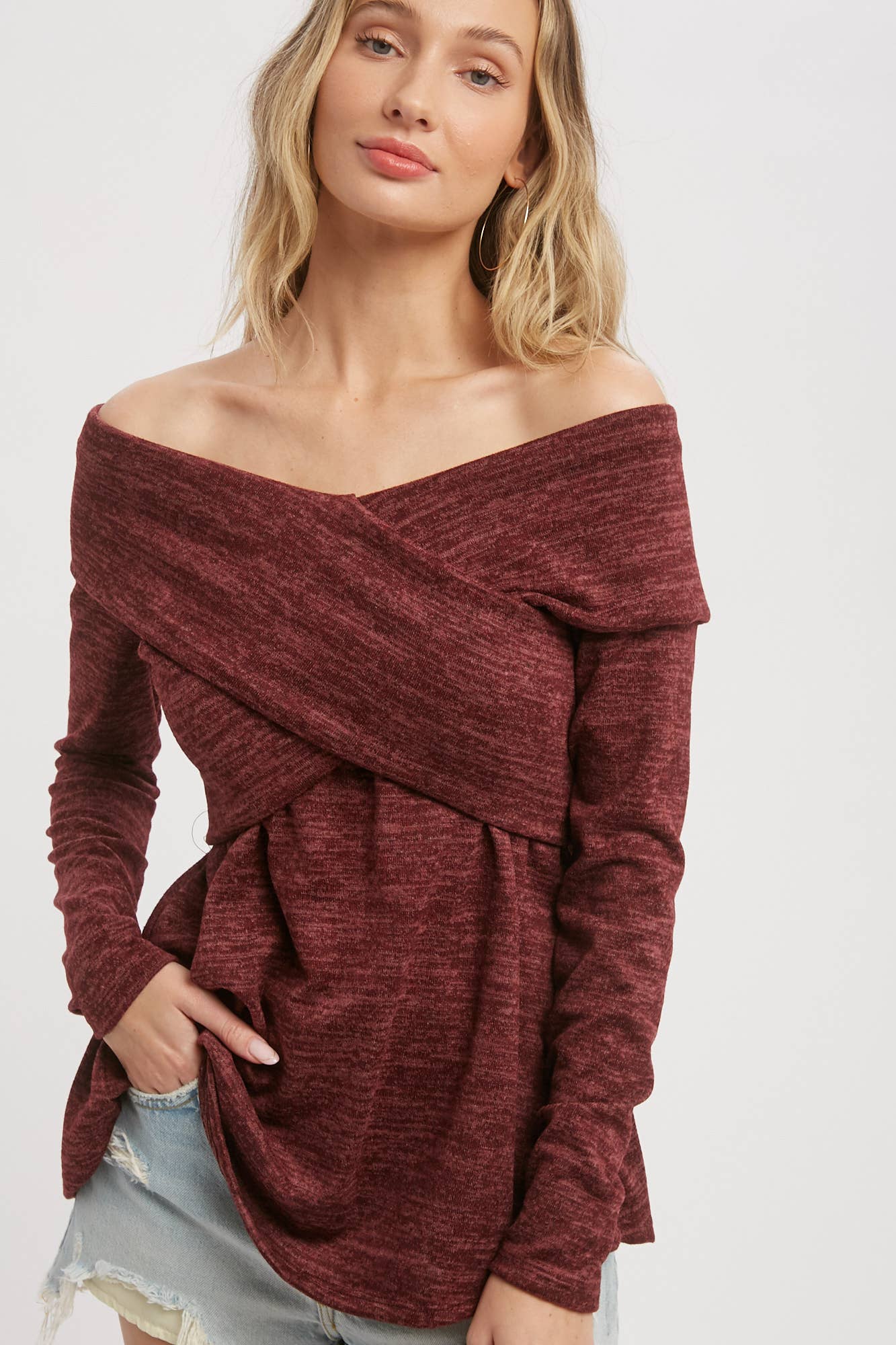 Bluivy - Wholesale Knit Top - Women's - MARLED KNIT CROSSOVER OFF SHOULDER TOP24