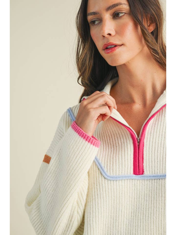 Vanilla Monkey - Wholesale Knit Sweater - Women's - Multi Color Binding Half Zip-up Sweater Top4