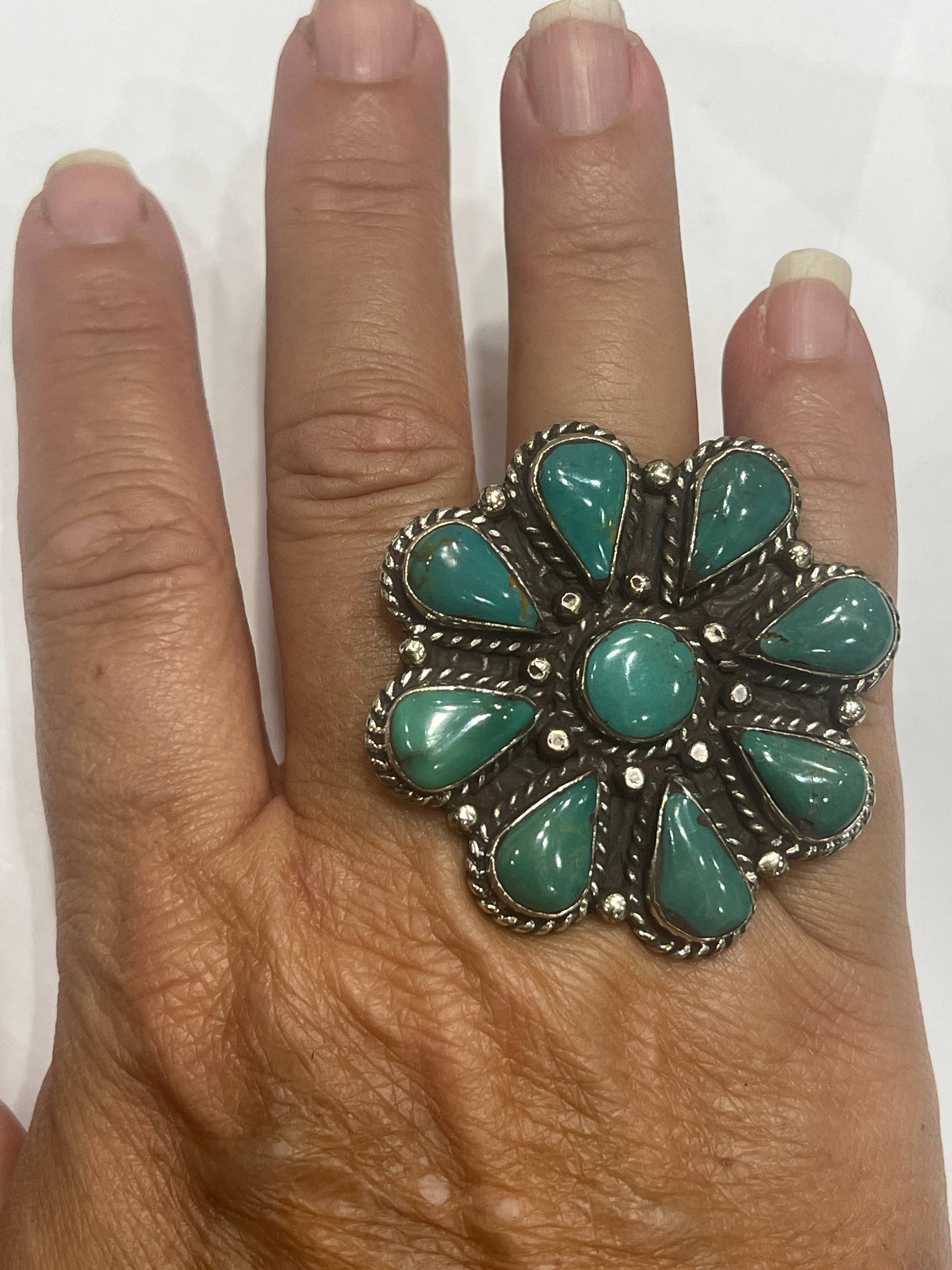 Hi Octane | SilverBotanica - Wholesale Cocktail/Statement Ring - Turquoise Flower Ring 2