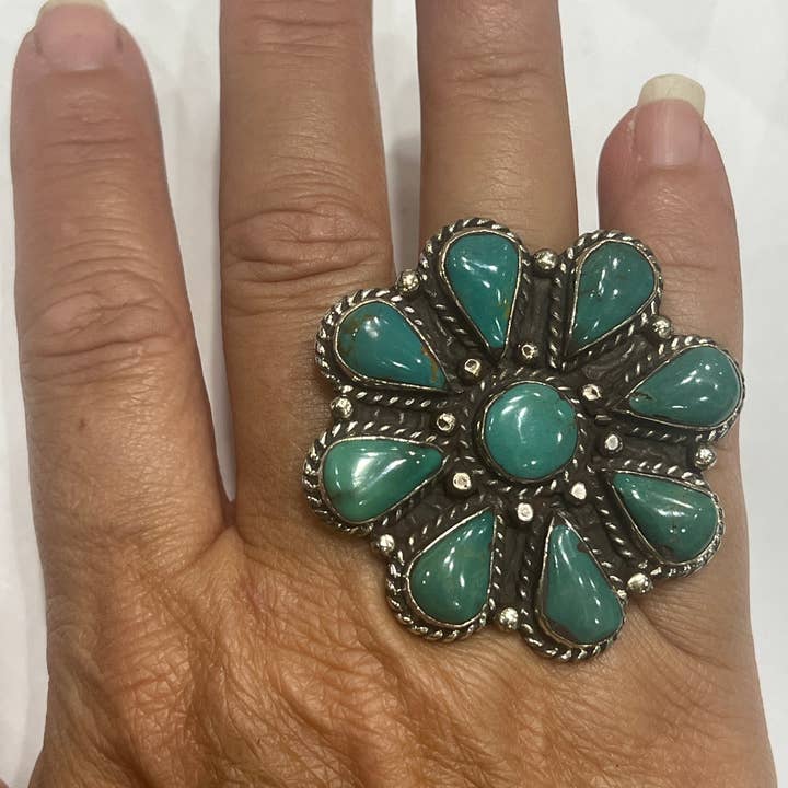 Hi Octane | SilverBotanica - Wholesale Cocktail/Statement Ring - Turquoise Flower Ring 2