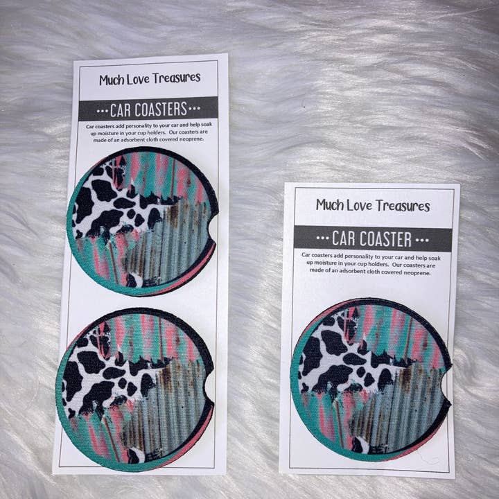 Cow Print Metal Pink Car Coaster for wholesale by Much Love Treasures