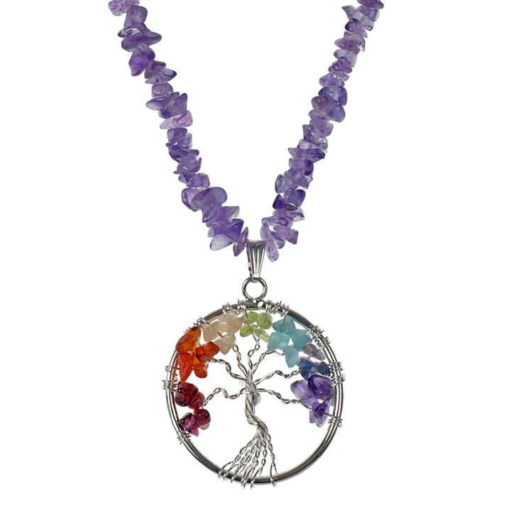 KJK Jewelry Inc. - Wholesale Pendant/Charm Necklace - Wrapped Stone Tree Of Life On Stone Chips Necklace