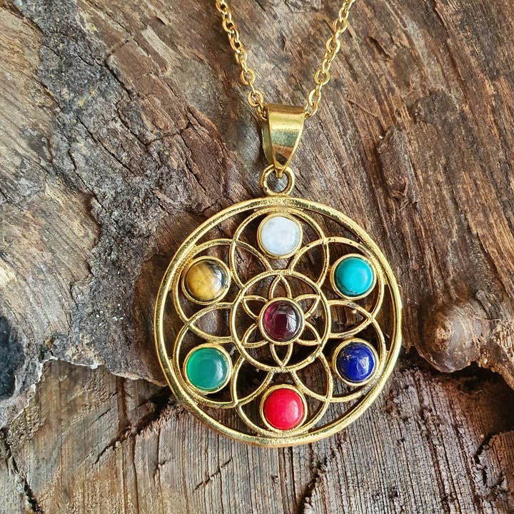 Gold 7 Chakras Necklace / Hypoallergenic / Yoga / Reiki / Boho / Hippie / Rustic / Ethnic / Crystals / Third Eye / Illuminati for wholesale by Kaali Boutique