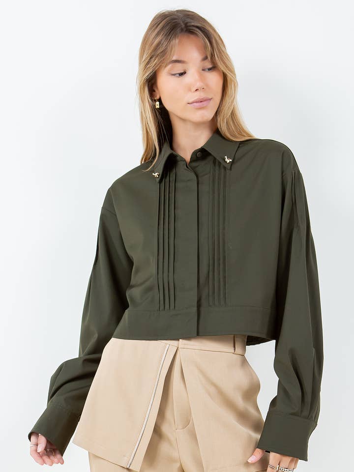 JEWELED COLLAR WITH PINTUCK DETAILS WOVEN SHIRT  for wholesale by Whiteroom+Cactus