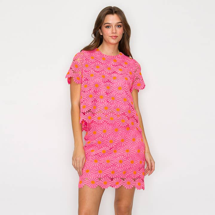 LoveWednesday - Wholesale Blouse - Women's - Pink Daisy Lace Top with Bow - LWT19784