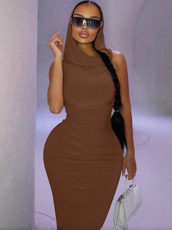 Bodycon High Waisted Hooded Solid Color Split-Back Maxi Dresses for wholesale by StyleGalX