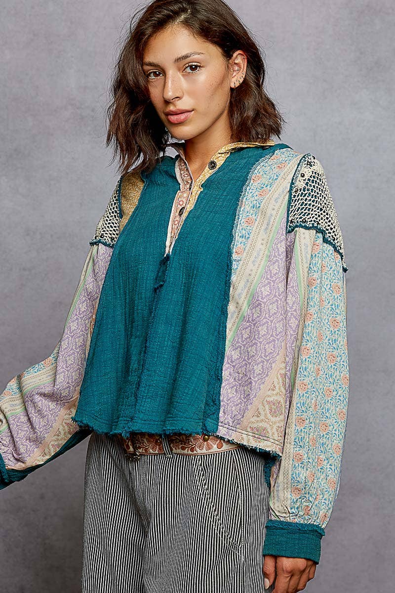 Pol Clothing - Vente Sweat à capuche – femme - Haut à capuche à manches longues avec col montant en double gaze et clous contrastants16