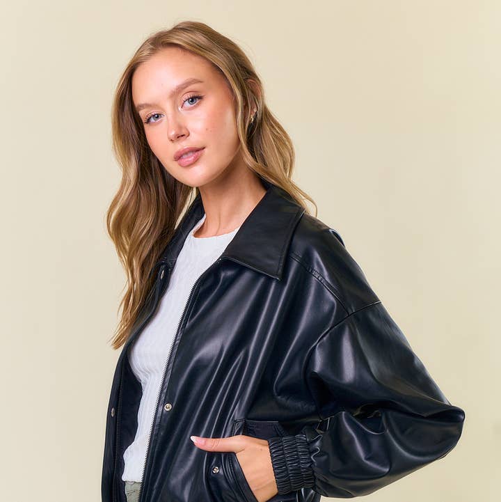 Doe and Rae - Wholesale Bomber Jacket - Women's - OVERSIZED VEGAN LEATHER BOMBER JACKET - 10622J6