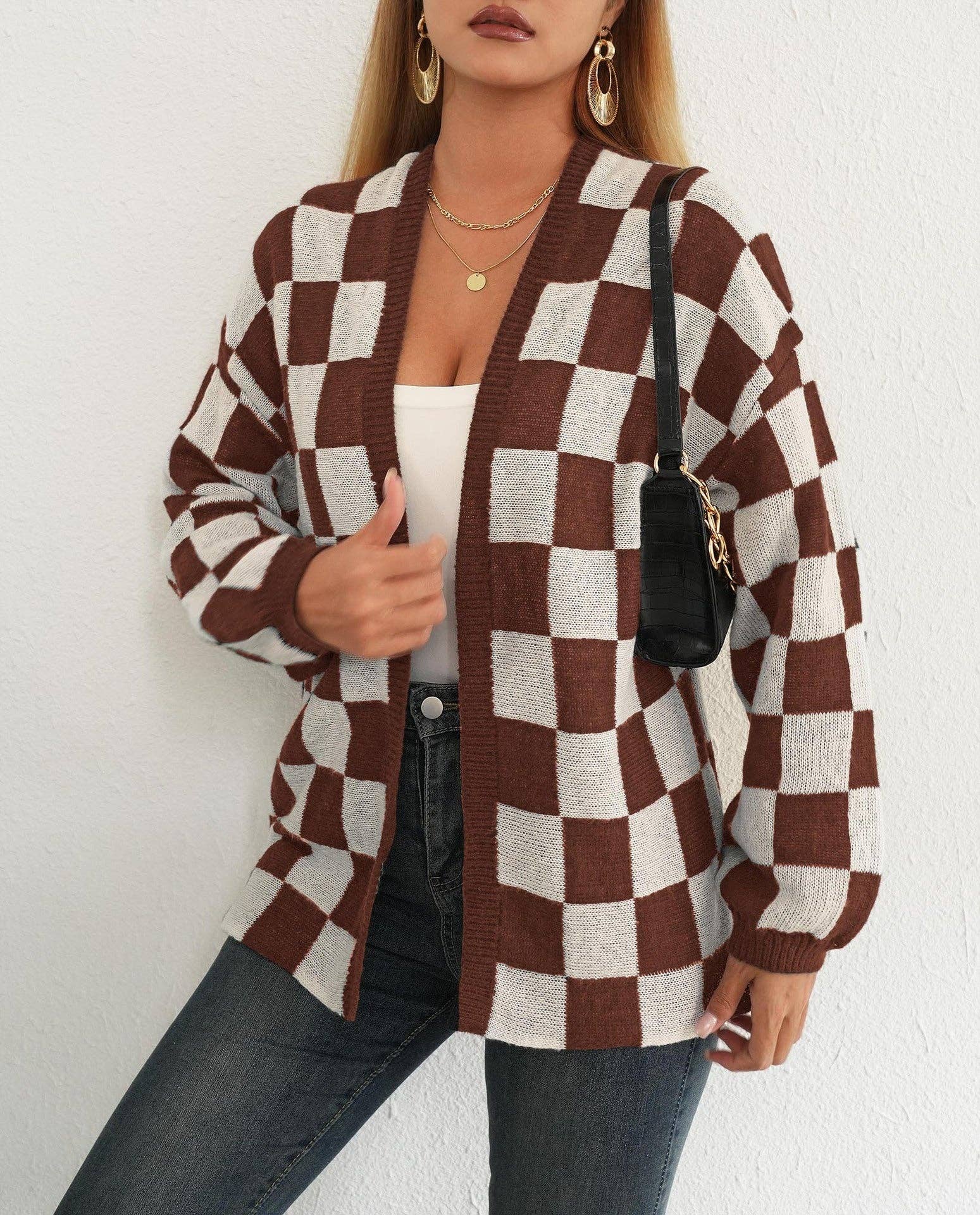 Suhkasana - Wholesale Cardigan - Women's - Plaid Colorblock Open Cardigan Sweater | Cozy Casual Layer5