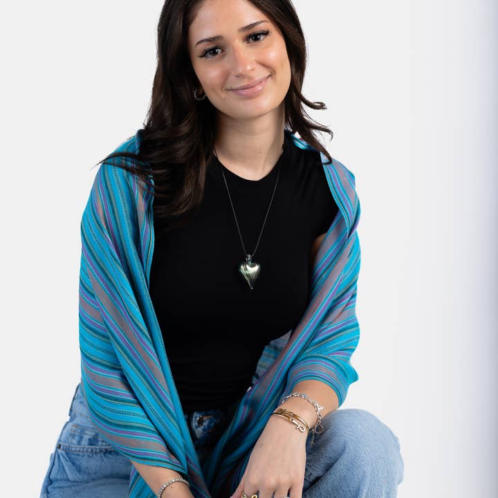 Small Mixed Striped Handwoven Bamboo Viscose Scarf-Turquoise for wholesale by Dandarah