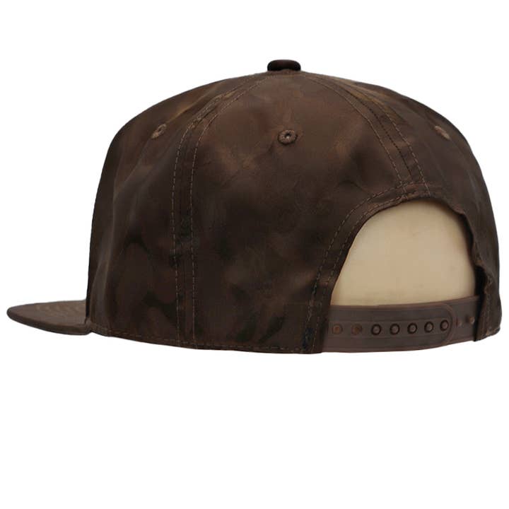 Cap Zone - Wholesale Flat Brim Cap - Men's - Gold Marijuana Leaf Embossed Camo Polyester Fabric Snapback23