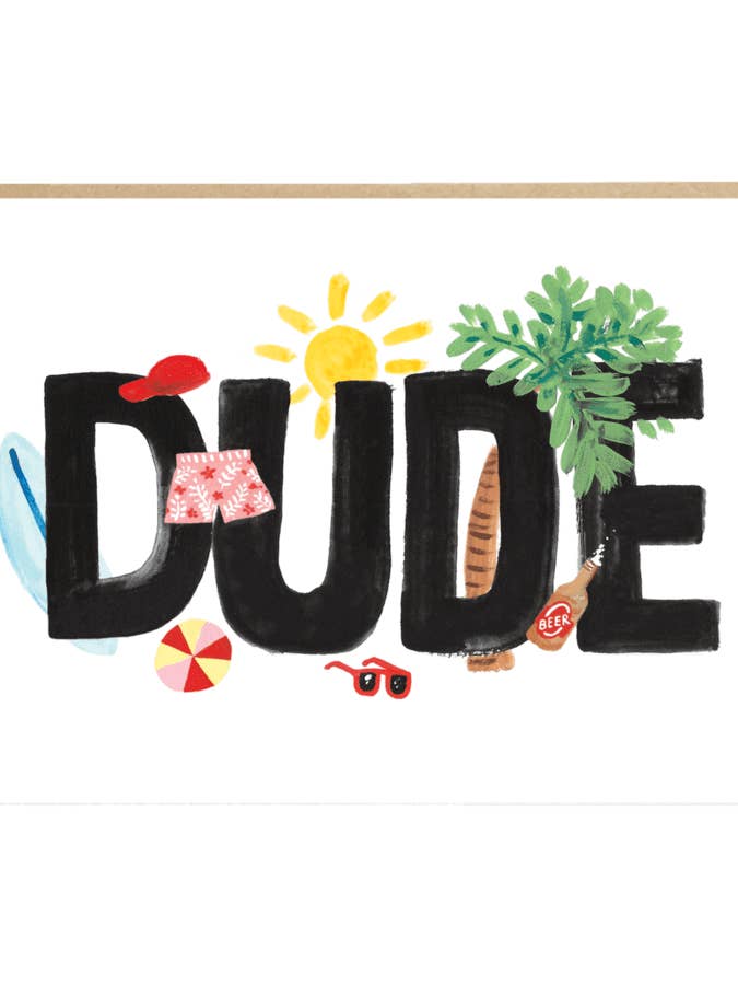 Beach Holiday 'Dude' Friendship Love Card for wholesale by Jade Fisher