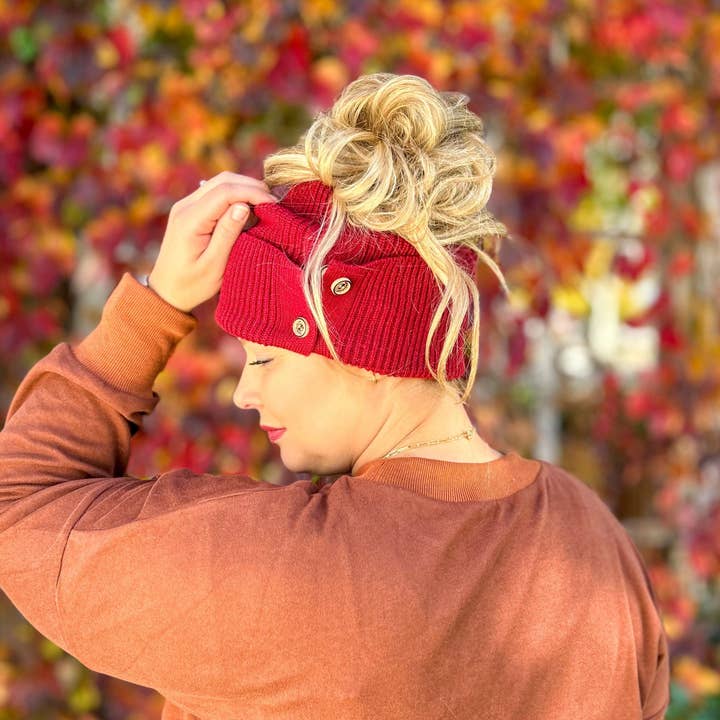Red Sprite Hats - Wholesale Beanie - Women's - Button Up Beanie, Hidden Messy Bun Ponytail Winter Hat7