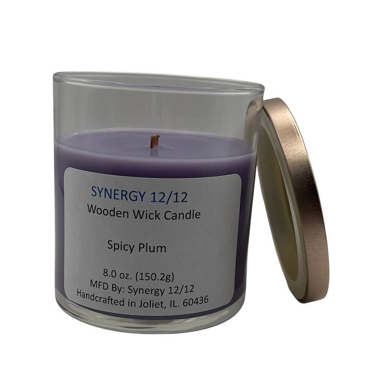 Spicy Plum Wooden Wick Candle 8.0 oz. (150.2g) for wholesale by Synergy 12/12