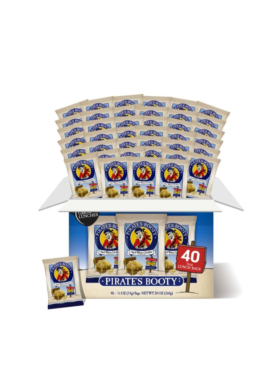 Majestic Wholesale - Vente Encas soufflé - Pirate's Booty soufflés de cheddar blanc vieilli, paquets de 14 g, boîte de 40