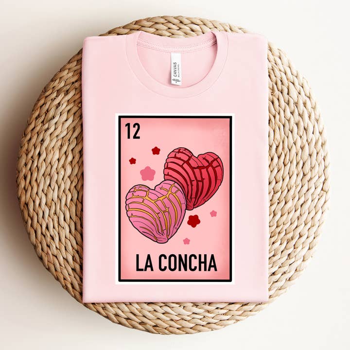 Las Changuis Tianguis - Wholesale Screen Printed T-Shirt - Women's - Dulce Amor: La Concha, Heart Shaped Pan Dulce Valentine's Tee