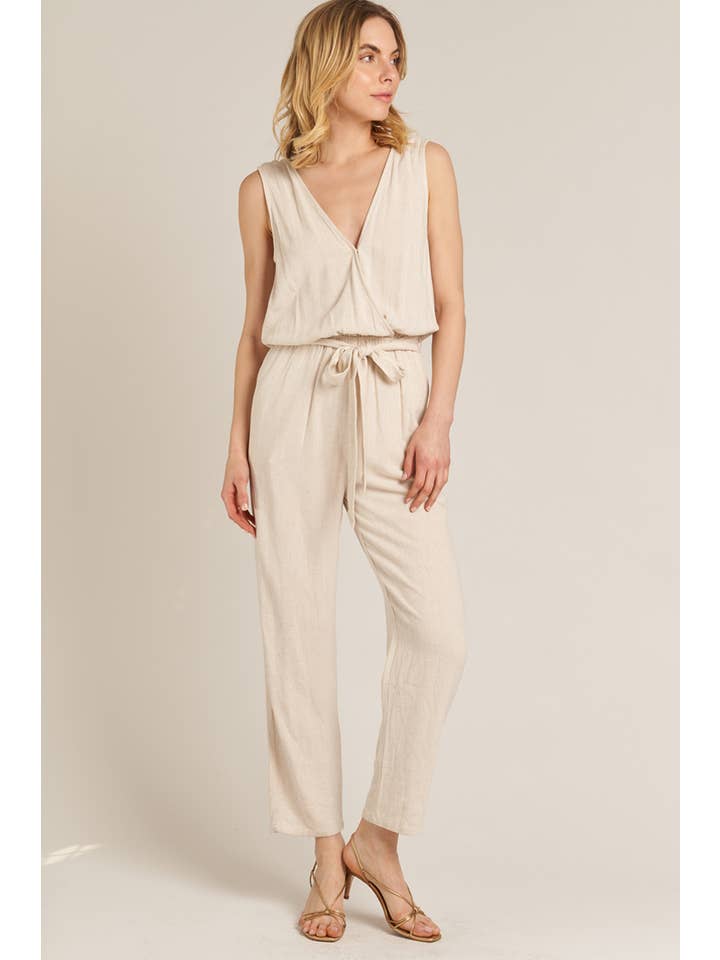 Natural Sleeveless Jumpsuit with Belt for wholesale on Faire1