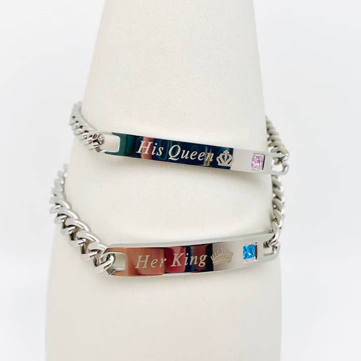 Mio Queena – wholesale Charm/dangle bracelet – "His Queen" "Her King" Stainless Steel Charm Couple Bracelet