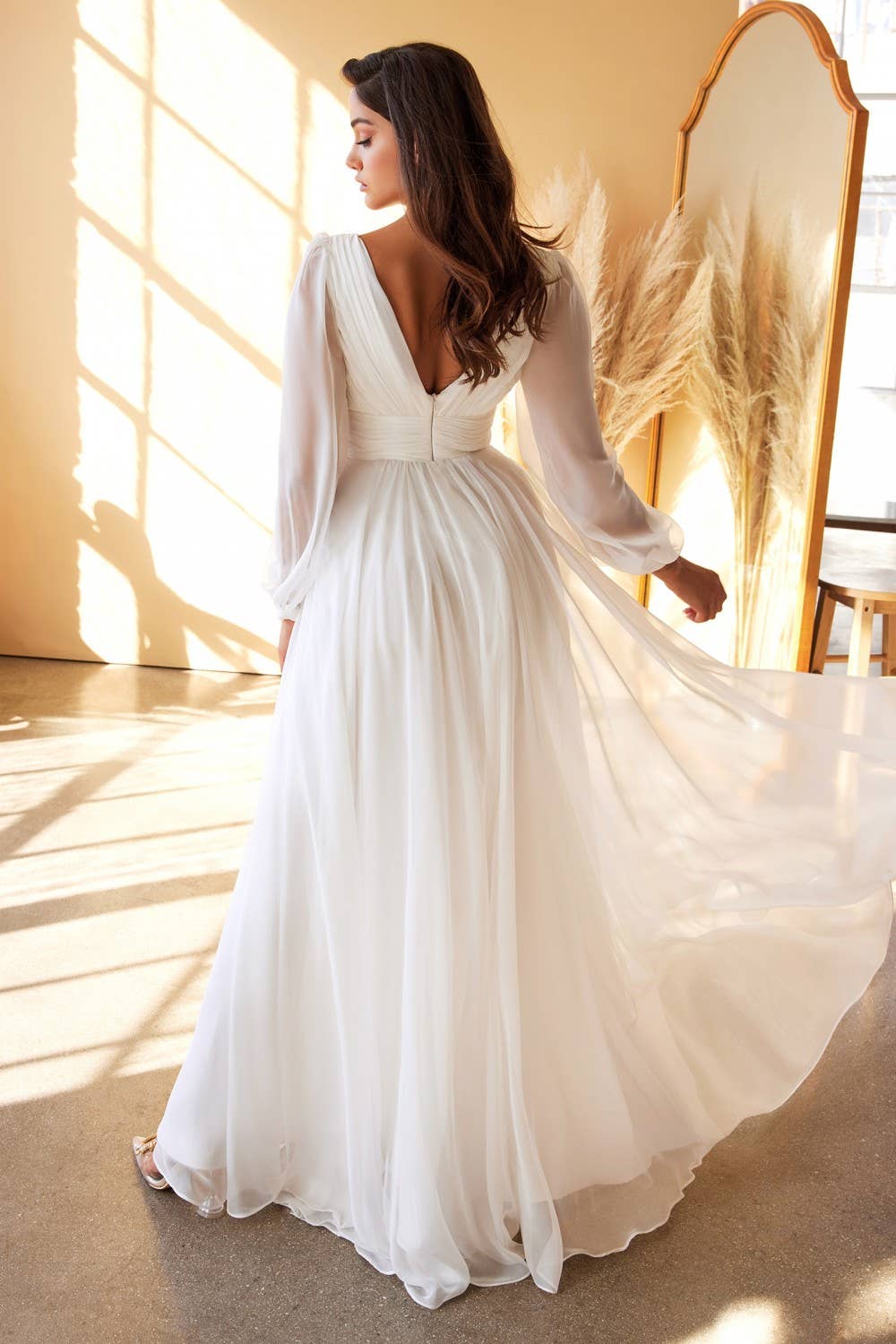 Off White Chiffon Long Sleeve Bridal Gown for wholesale on Faire2