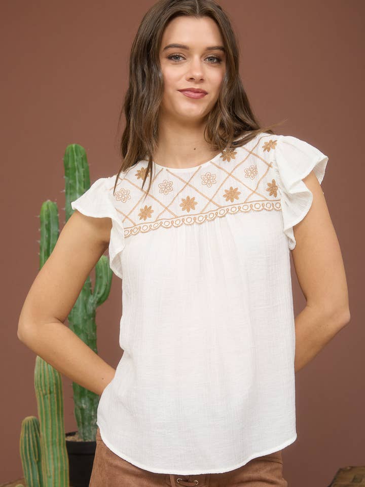 Blu Pepper - Wholesale Blouse - Women's - FLORAL EMBROIDERED YOKE RUFFLE SLEEVE TOP
