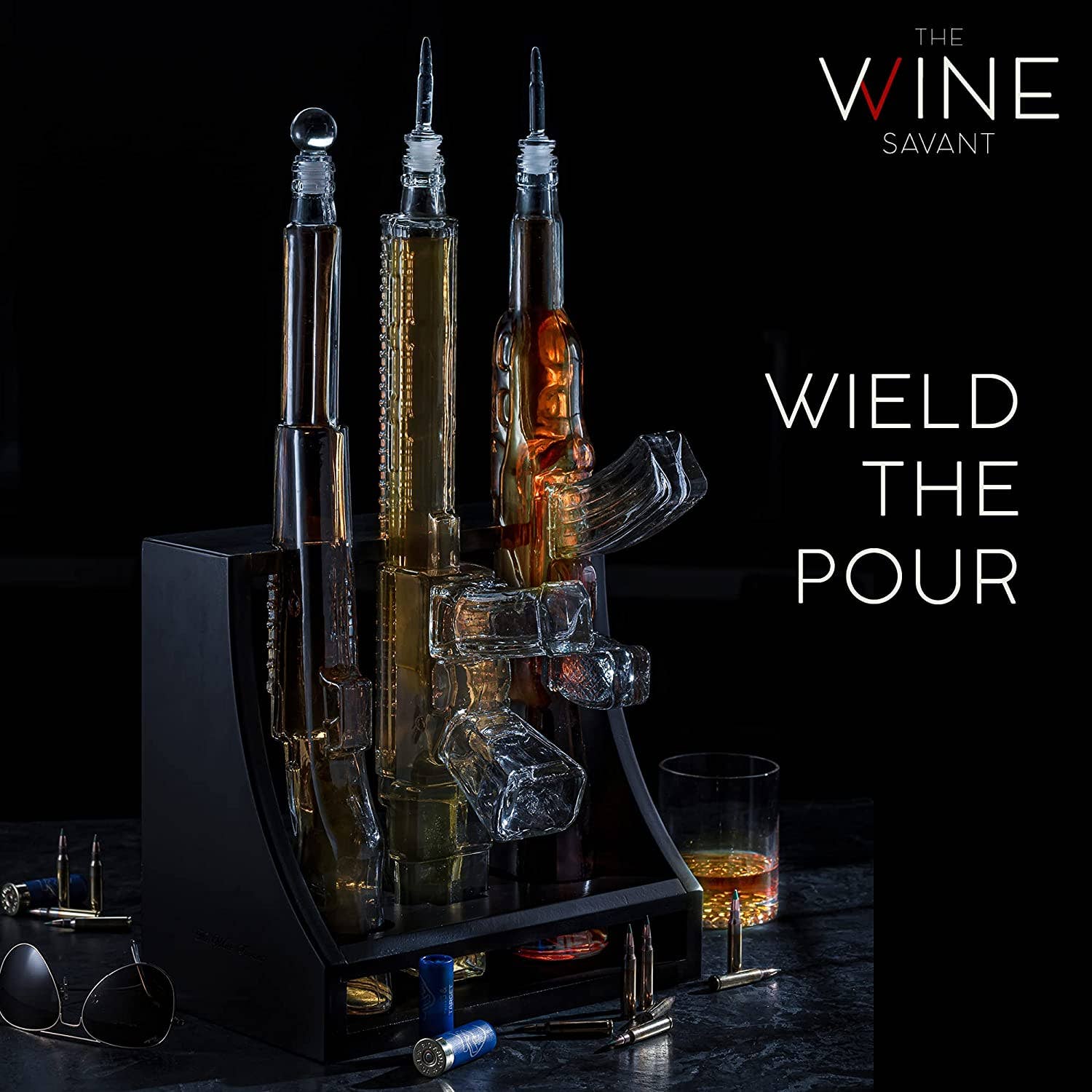 The Wine Savant /  Khen Glassware - Wholesale Decanter - Gun Rack Decanter Set - 3 Guns - AR-15, AK-47, & Rifle1