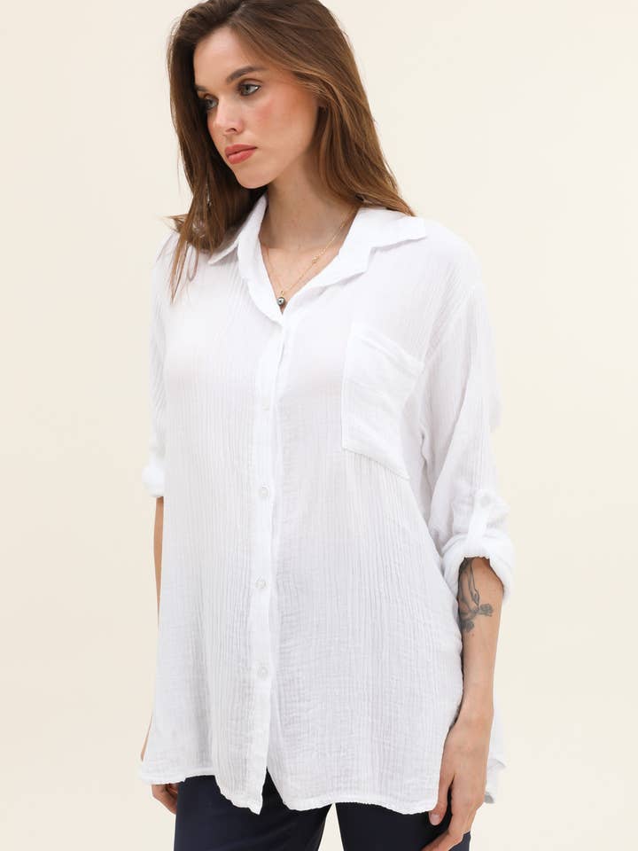 MOONSUN - Wholesale Button Down Shirt - Women's - #5270 button down cotton gauze shirt
