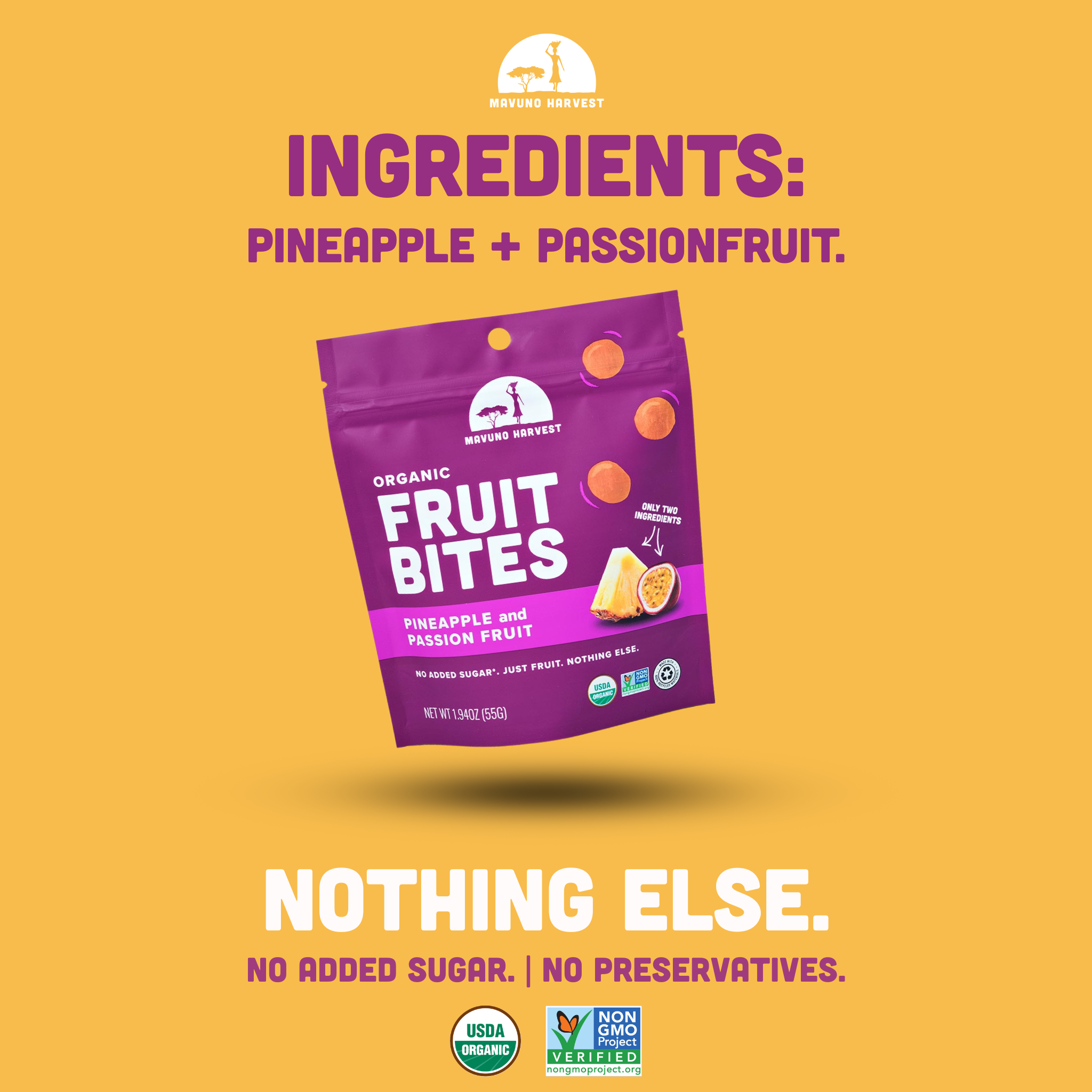 Mavuno Harvest Organics - Wholesale Dried/Dehydrated Fruit - Organic Fruit Bites: Pineapple & Passionfruit, 8-pack case2