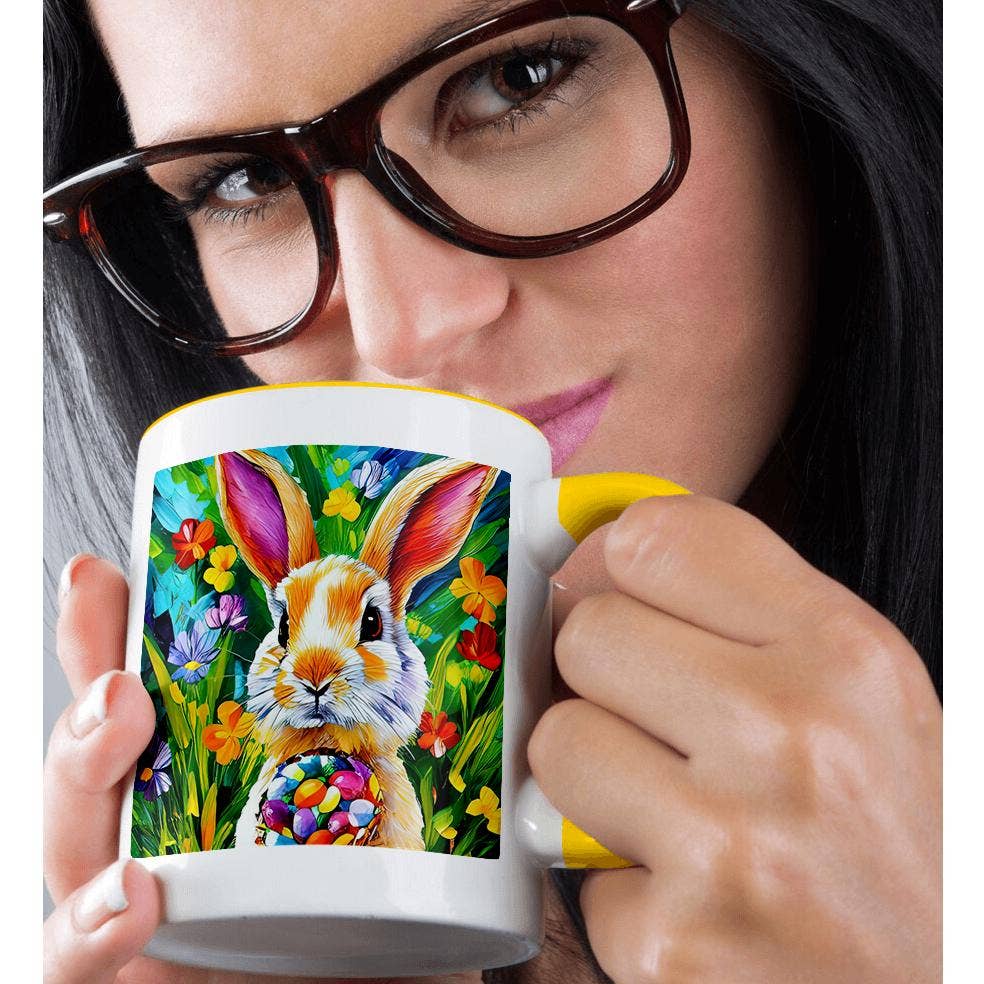3dRose - Wholesale Coffee Mug - 3dRose, Easter bunny with a bowl of colorful eggs. Grass, plants, flowers, Mug1