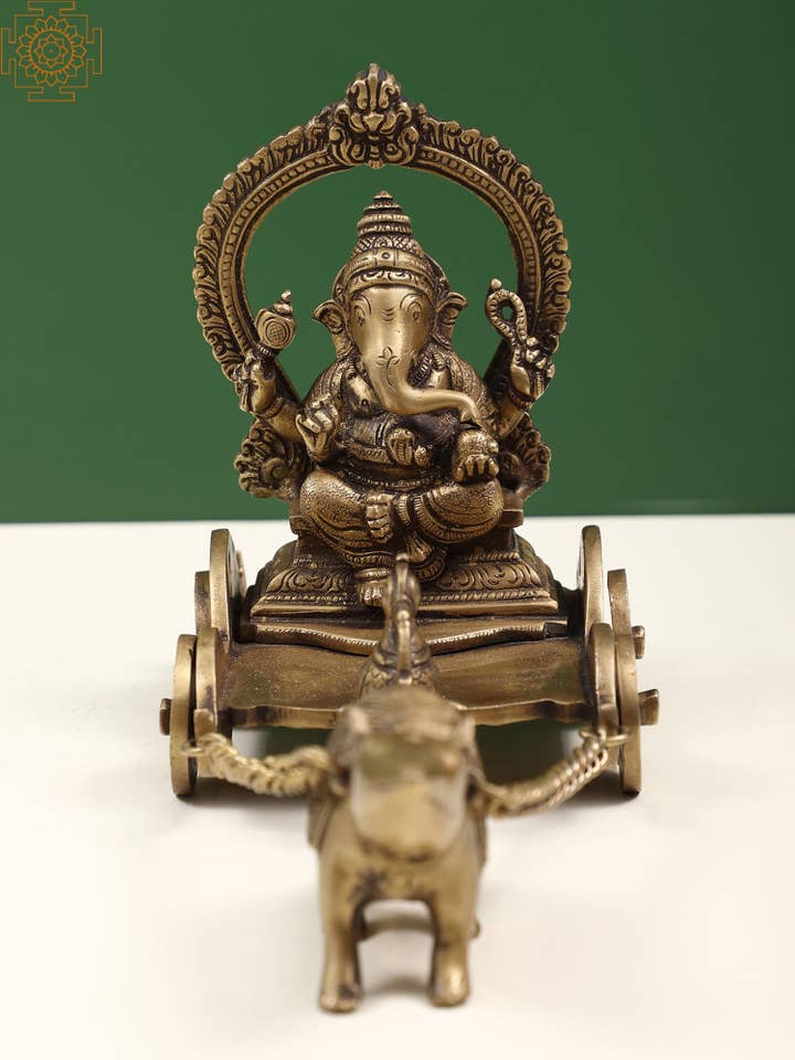Petit Ganesha dans le char à souris de 6 pouces en laiton pour la vente par Exotic India Art