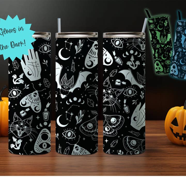 SoCal Creative - Wholesale Insulated mug/tumbler - 20oz Glow-in-the-Dark Halloween Themed Stainless Steel Tumbler, Mystial Celestial, Bad Witch, Spooky Mama Sugar Skull Design- Blue or Green1