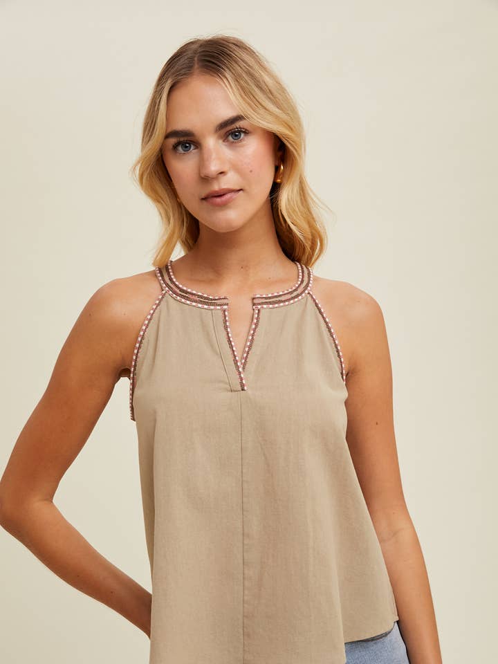 EMBROIDERED DETAIL HALTER TANK / WL24-8757 for wholesale by Wishlist Apparel