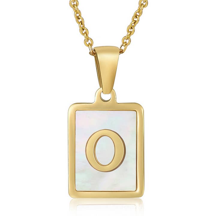 NINEXIS - Wholesale Pendant/Charm Necklace - CWAJE1917_Square Stainless Steel White Shell Letter Necklace15