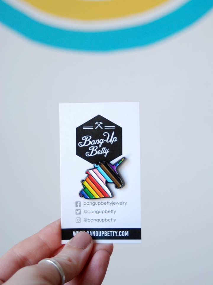 Progressive Pride Rainbow Unicorn Enamel Lapel Pin for wholesale by Bang-Up Betty