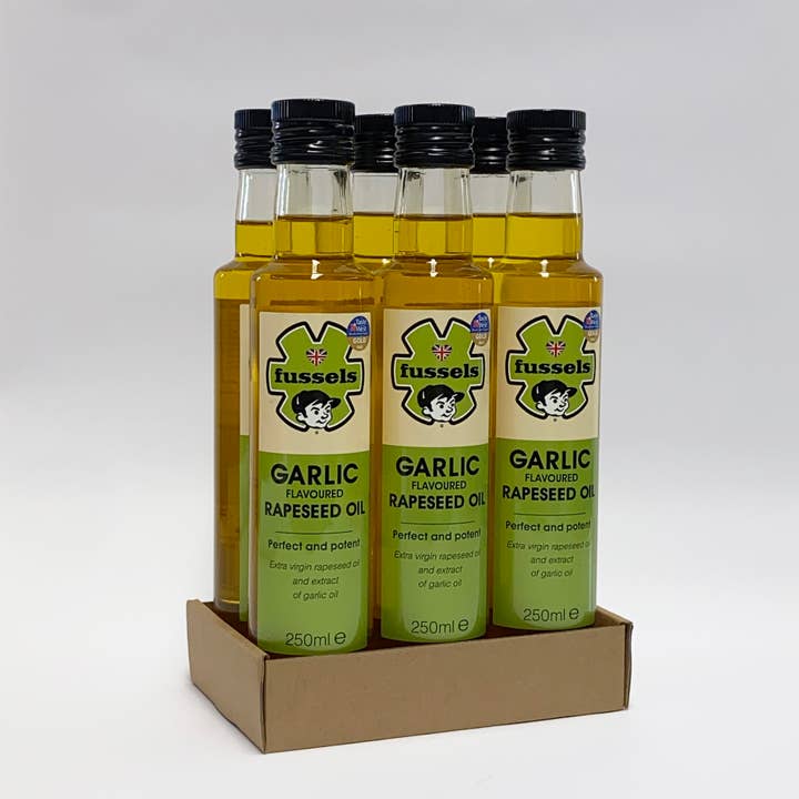 Fussels Hvidløg Infunderet Koldpresset Rapsolie - 6 x 250ml for engroshandel hos Fussels Fine Foods Ltd
