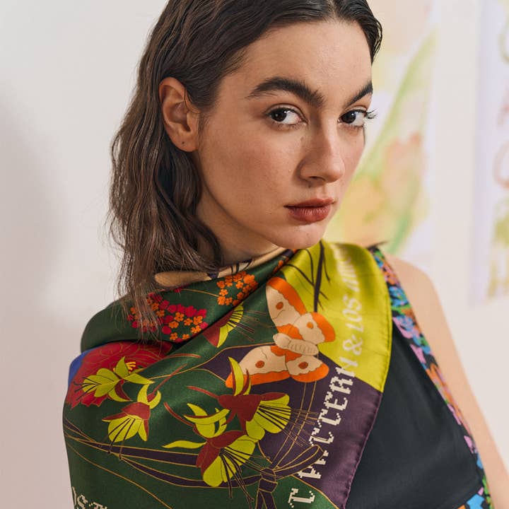 FRIDA x LOST PATTERN "Los Amores de Frida" Large Silk Scarf - Dark Green for wholesale on Faire3