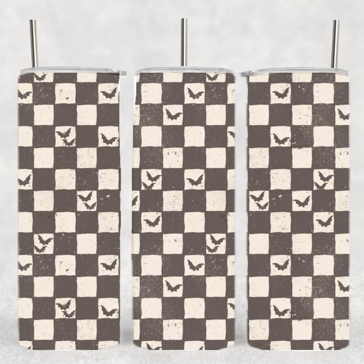 Bat Black and White Check Halloween Spooky Simple Tumbler for wholesale by The Geek Boutique