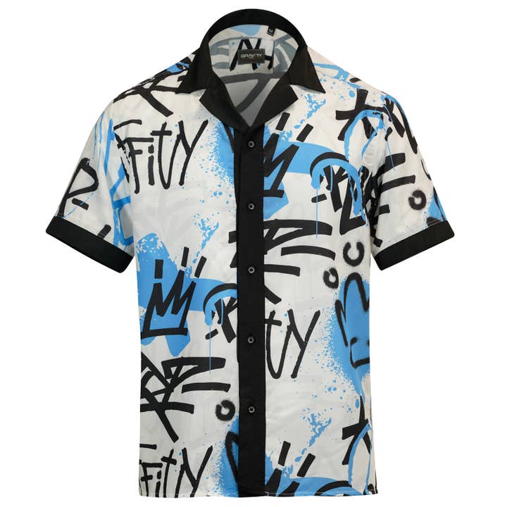 Homens Camp Collar Manga Curta GRAFFITI AZUL 205 por atacado de gravity homme