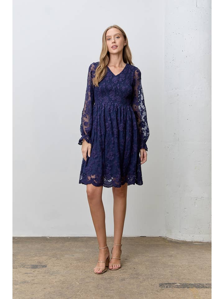 NAVY LACE V-NECK SMOCKED BODICE DRESS for wholesale on Faire