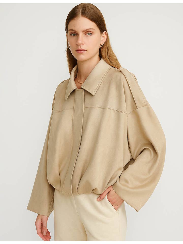 Sweetkama - Wholesale Jacket – Women's - Ladies Faux Suede Shirt Collar Zip-Up Cropped Jacket3