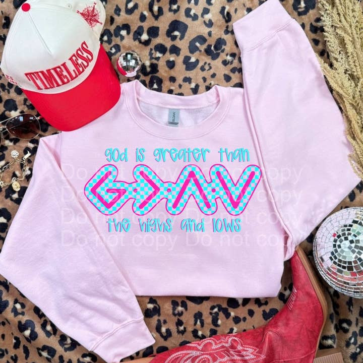 God is greater ~ light pink sweatshirt for wholesale by Rustic Rose Western Boutique