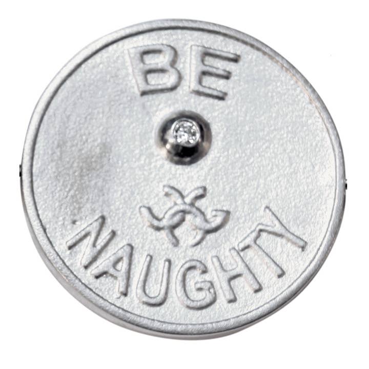 Entscheidungsmünze „Be Naughty /Be Nice“ Sterlingsilber mit Diamanten für den Großhandel von Jane A Gordon: Jewelry Art Gifts Inspiration