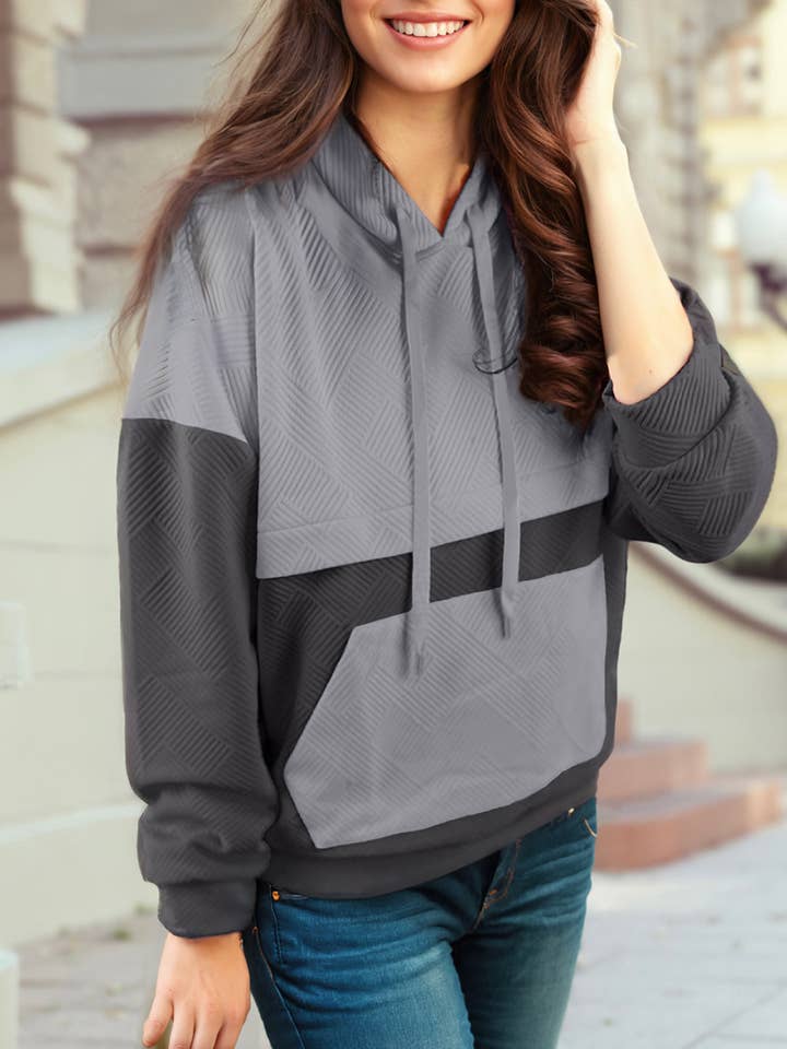 1 the Woman - Wholesale Hoodie - Women's - Textured Color Block Kangaroo Pocket Drop Shoulder Hoodie