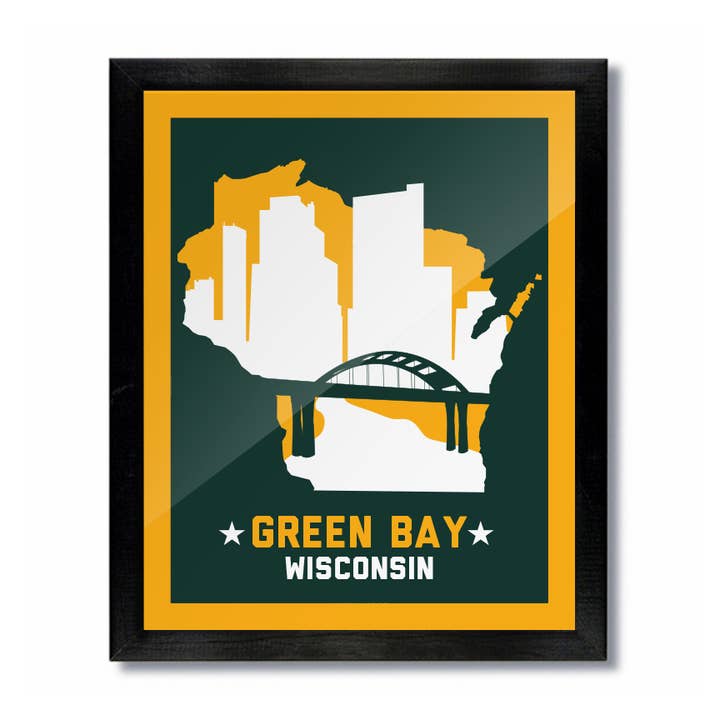 Green Bay, Wisconsin Skyline Print: Green/Yellow Football for wholesale by D&W Elements