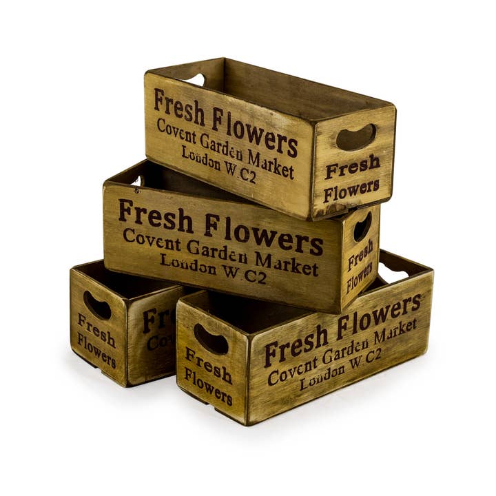 Set of 4 Antiqued "Covent Garden" Wooden Boxes for wholesale by McGowan & Rutherford Ltd