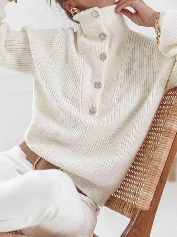 WHITE Long Sleeves Buttoned Solid Color High-Neck Sweater for wholesale on Faire