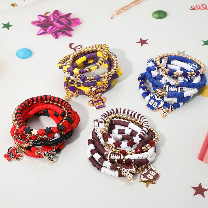 Sensibling Corp. - Wholesale Jewelry Set - 7PCS - Football Charm Star GAME DAY Message Heishi Beaded Stretch Multi Layered Bracelets12