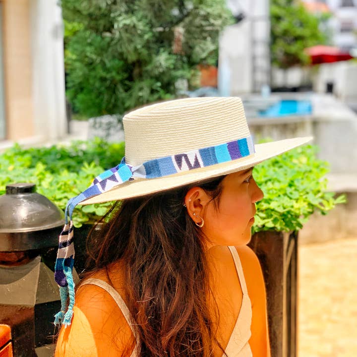 Achiote Guatemalan Goods - Wholesale Boater Hat - Women's - Palm Hat | Classic Structured Wide Brim | Blue & White12