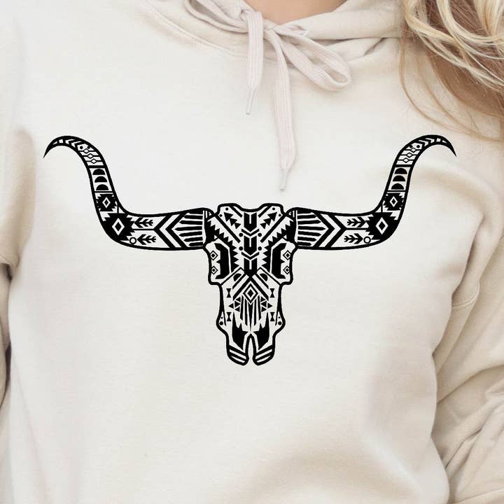 Transfert sérigraphié noir Aztec Steer Head R-13 pour la vente par Snappy 6 Co